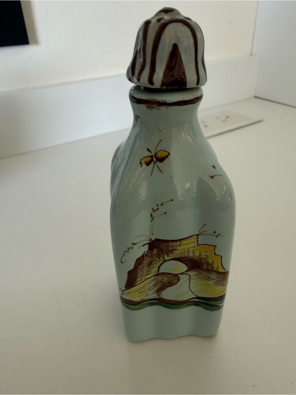 Hand-Painted and signed Light Blue Ceramic Decorative Bottle with Scenic Motif